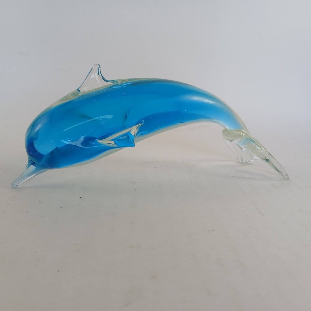 Dolphin Hand Blown Art Glass Figurine Clear Blue Large Paper Weight 6.5"